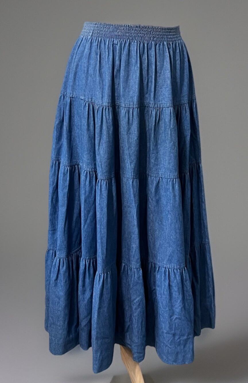 Willowbend Denim Maxi Skirt Tiered Blue Cotton Western Vintage USA Boho Small